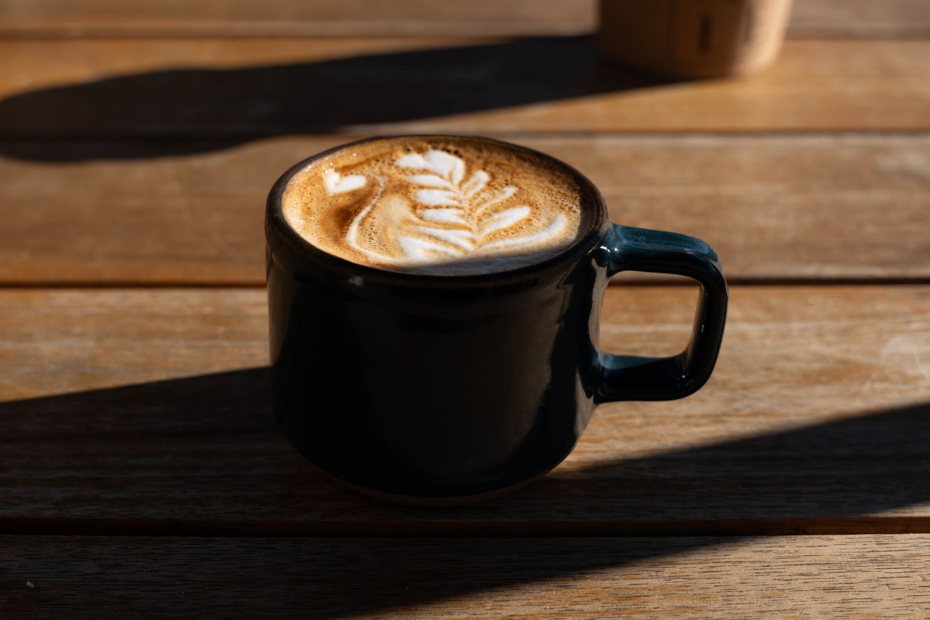 Flat white with fern latte art in a ceramic mug on a sunlit timber table