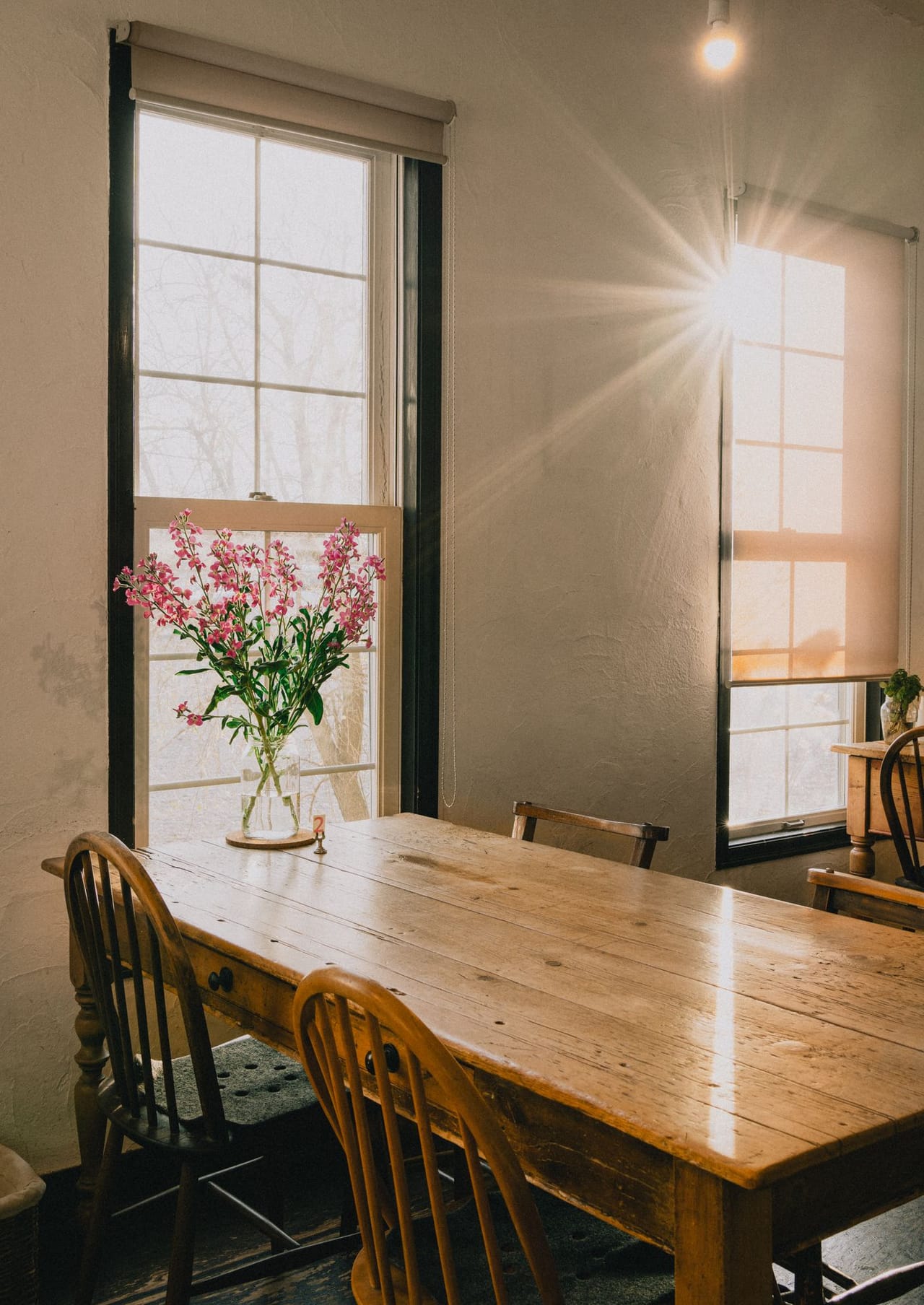 Morning sun falling across a timber farmhouse table set with wildflowers in a jar