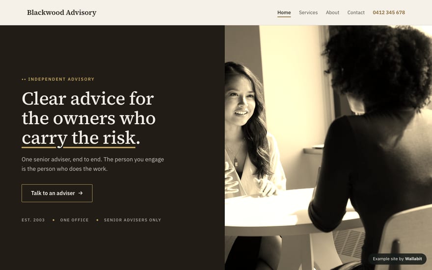 Home page of the Blackwood Advisory example site