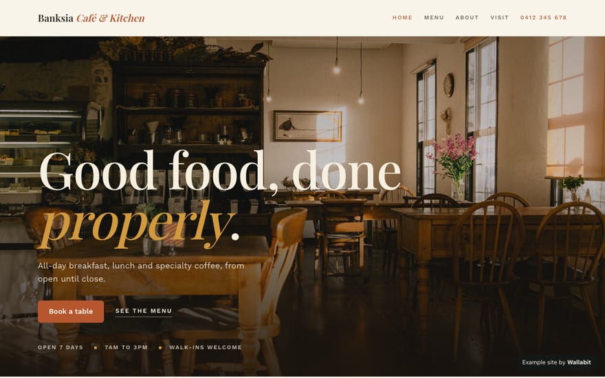 Home page of the Banksia Café & Kitchen example site