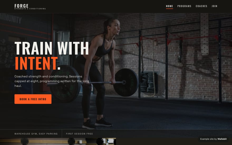 Home page of the Forge Strength & Conditioning example site