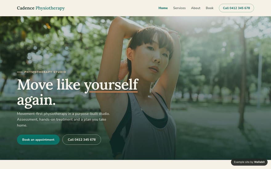 Home page of the Cadence Physiotherapy example site