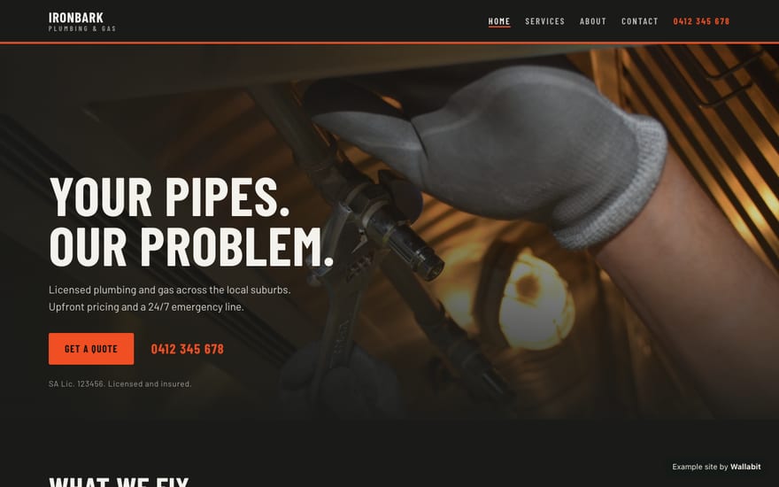 Home page of the Ironbark Plumbing & Gas example site